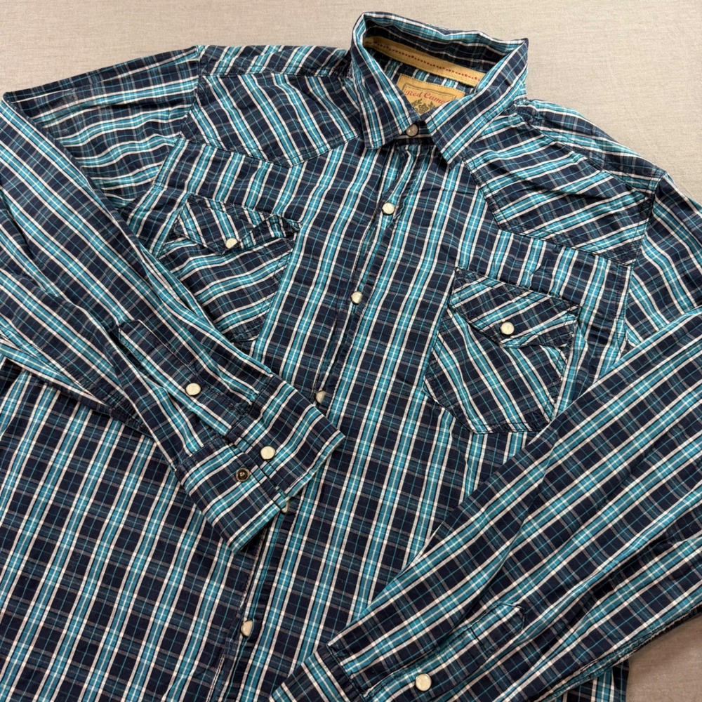 Red Camel Western Pearl Snap Shirt Mens L Teal Plaid Long‎ Sleeve Cotton EUC